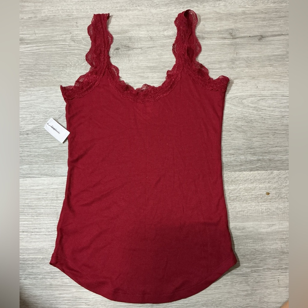 Lace-Trim Ribbed Camisole Tank Top - Red